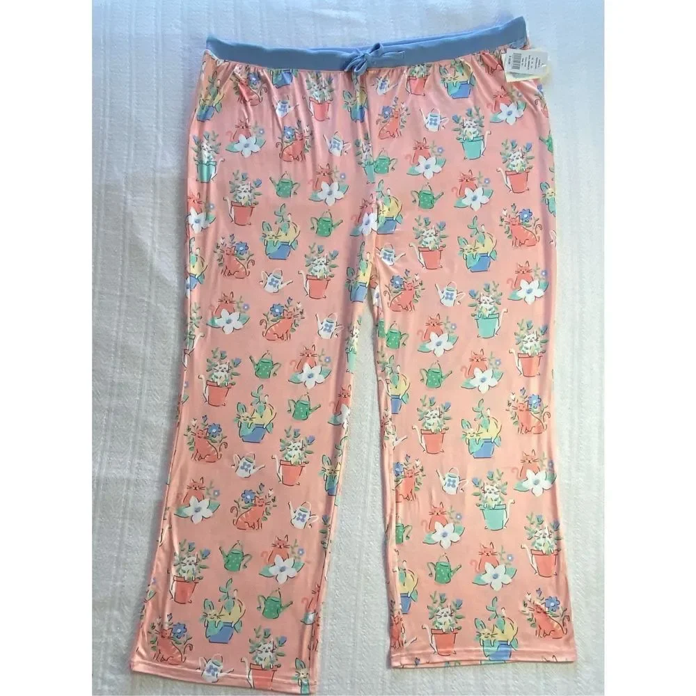 Nite Nite by Munki Munki Women’s 3X Cats in  Flower Pots Pajama Pants